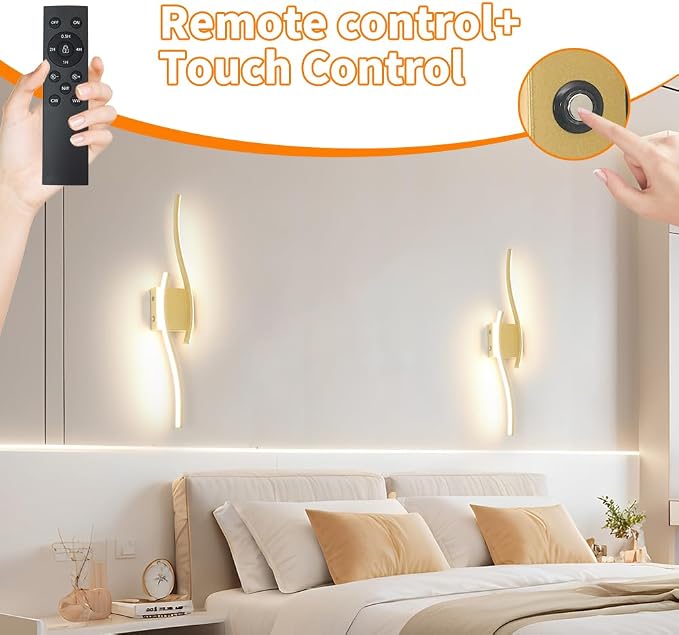 Battery Operated Wall Sconce Set of 2, Gold USB Rechargeable Wall Sconces, Dimmable Cordless Battery Wall Sconces with Remote Control, LED Wireless Lighting for Living Room Hallway Bedroom, 27.56in