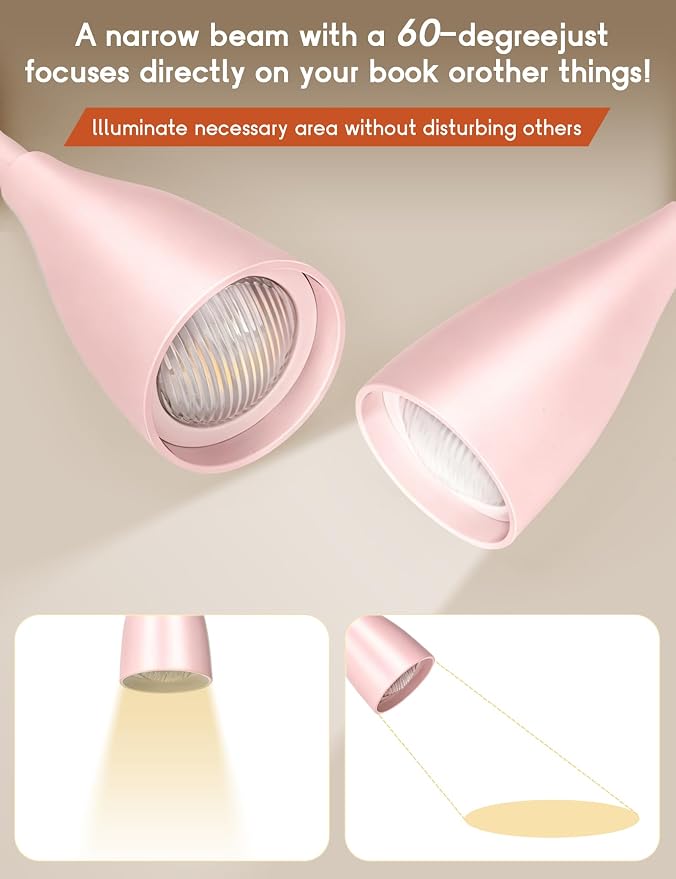 Reading Light for Book in Bed,Clip on Light Reading Lamp with Adapter Pink | 5 Color Modes 10 Brightness, Flexible Eye-Caring Clip on Desk Lamp Book Light for Reading in Bed Headboard Bedside Bedroom