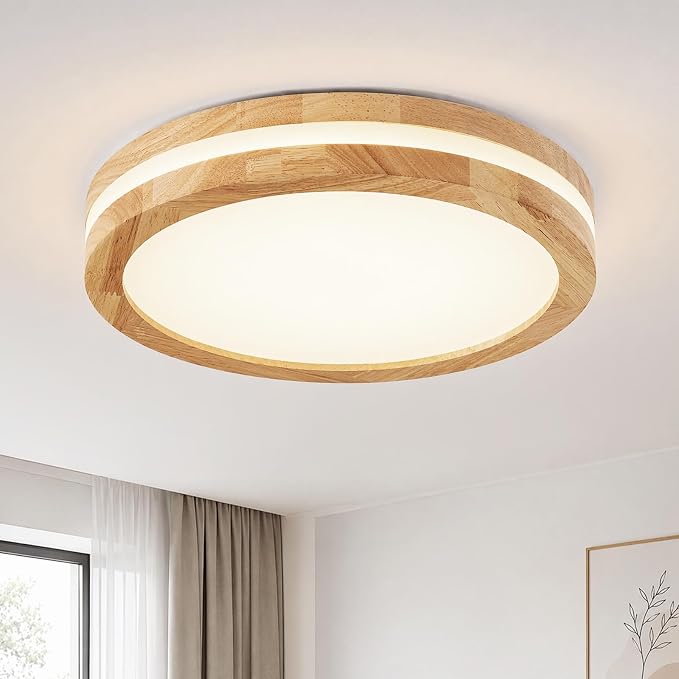 Pevfah Modern Dimmable LED Wood Flush Mount Ceiling Light, 5CCT Round Close to Ceiling Lighting Fixtures, Minimalist Ceiling Lamp for Bedroom, Kitchen, Hallway, Laundry Room-11.81in