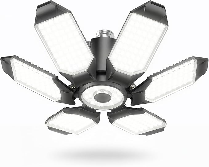 BRAINIAC LED Garage Light Bulb 150W 15000LM Deformable Garage Lights Ceiling led with 6 Adjustable Panels, E26/E27 Screw in Shop Lights for Basement Barn Porch