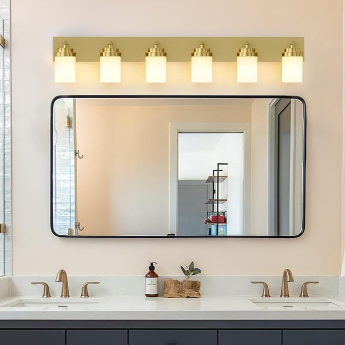 IZORRO Bathroom Vanity Light Fixture, 6-Light 46 Inch Gold Bathroom Light Fixtures Over Mirror, with White Glass Shade, Modern Farmhouse Vanity Lights, Rustic Restroom Lighting Fixtures