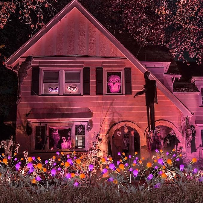 OZS 6 Pack Solar Halloween Lights Outdoor, 48 LED Purple Orange Firefly | Waterproof IP65, Swaying Effect, 2 Modes, for Garden Pathway Patio Yard Lawn Decor, Halloween Decorations