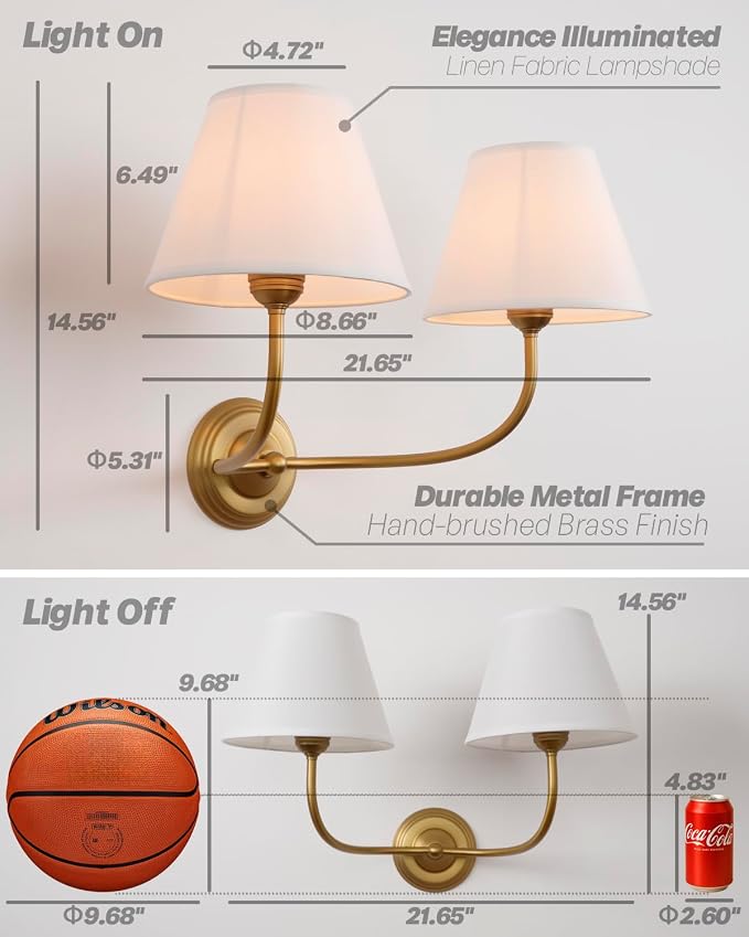 Vintage 2-Lights Fabric Sconces Wall Lighting with White Cloth Shade, Double Arm Wall Lamp Fixture for Living Room Bathroom Bedroom Hallway