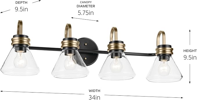 Kichler Farum 4-Light Bathroom Vanity Light, Black | Modern vanity light with clear glass for single or double mirrors (34" x 9.5"), 55156BKCLR