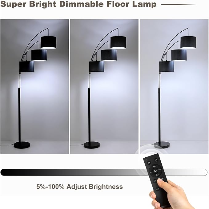 Floor lamp with Remote, 3 Light Arc Floor Lamps for Living Room, 2400LM Tall Standing Floor Lamps with Black Shades, 80" Large Floor Lamp for Bedroom, Office