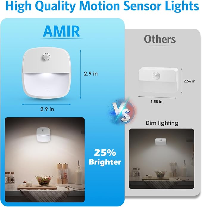 AMIR Upgraded Motion Sensor Stair Light Indoor (White - Pack of 3) | Battery Operated, Cordless Stick-On LED Night Light for Closet, Hallway, Bathroom, Kitchen, Cabinet, Energy Efficient