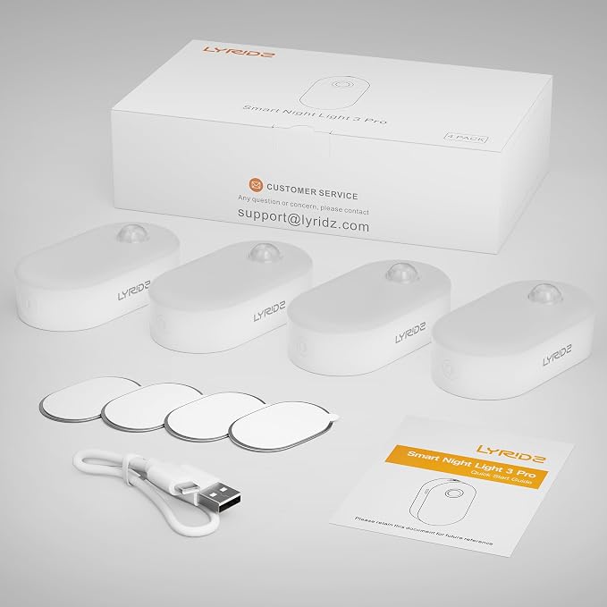 Rechargeable Battery Night Light with Motion Sensor, Portable, Auto-Off, Dimmable for Bathroom, Bedroom, Kitchen, Stairs, Hallway, Pets, Travel, 4-Pack, Amber
