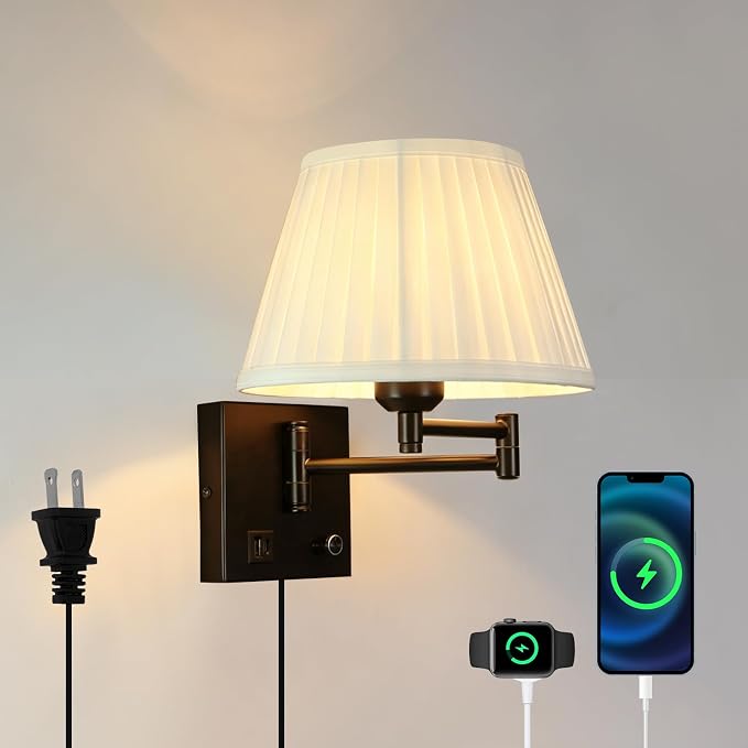 Wall Lamps for Living Room Bedroom Reading Light, Bulb Included | Wall Sconce with USB C+A Charging Ports, Adjustable Swing Arm 270°, Adjustable Color Temperature, White Fabric Cone lampshade