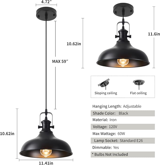 Matte Black Dome Pendant Lights 3 Pack, 11.41" Industrial Farmhouse Pendant Light, Adjustable Cord Pendant Lighting for Kitchen Island Dining Porch Sink Hallway Entryway