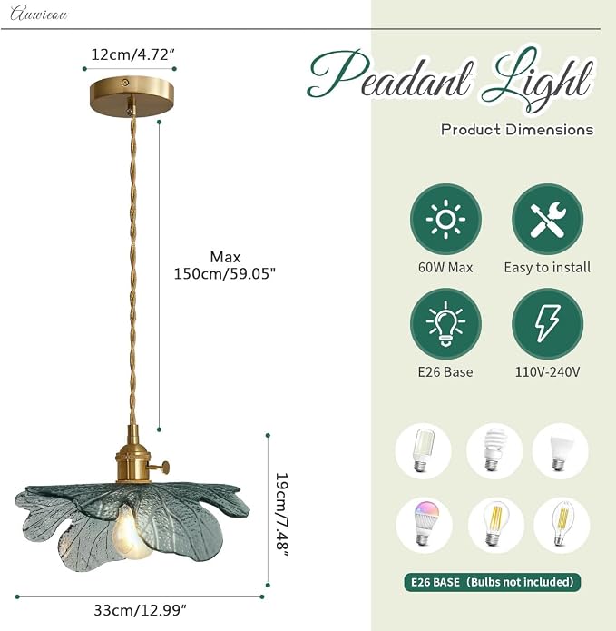 Gold Pendant Light Set of 2, Modern Hanging Ceiling Fixture with Dark Green Hand Blown Flower Glass Shade for Kitchen Island Dining Room Bedroom