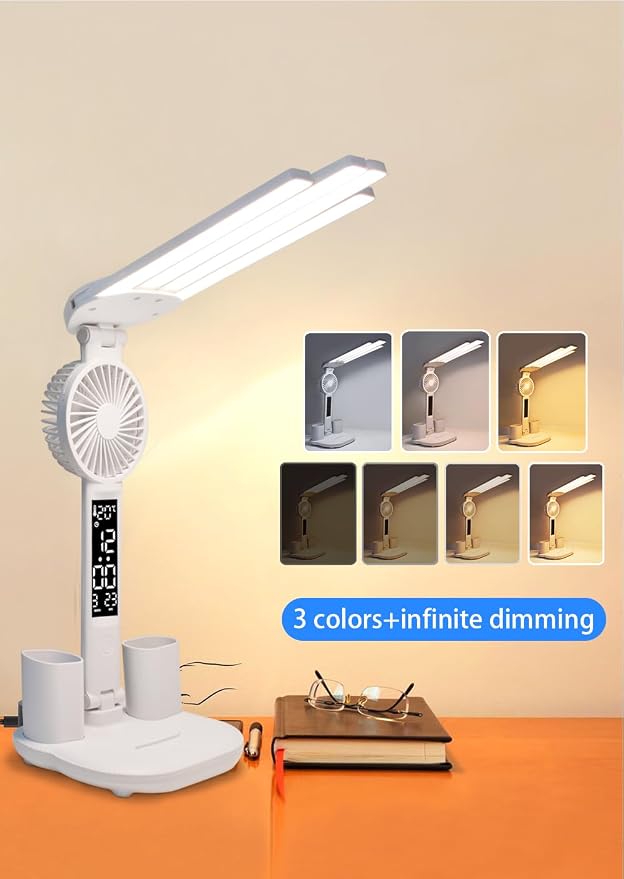 6-in-1 Led Desk Lamp Adjustable Foldable Table Lamp with Fan, Clock, Dates, Temperature, Pen Holder, 3 Color & Stepless Dimming, Reading Lamp for Study Table Work Office