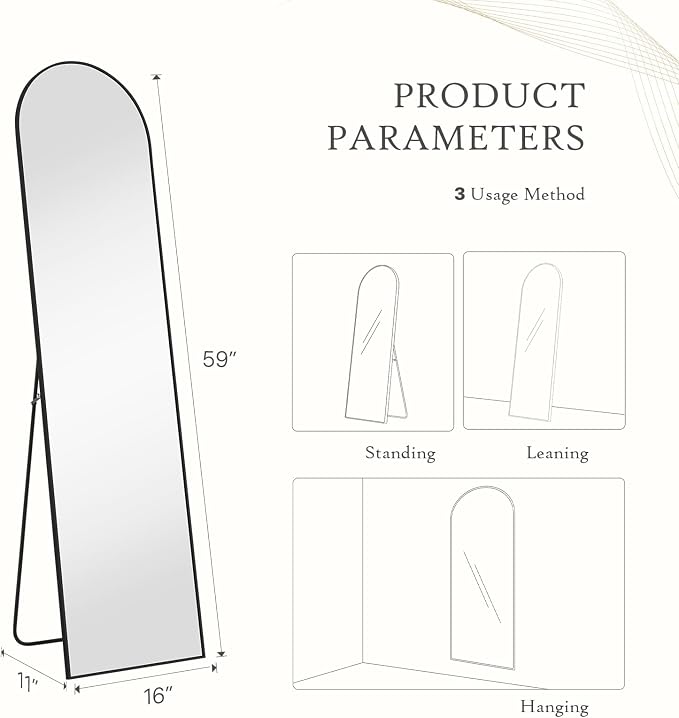 Arched Mirror Full Length, 16"x59" Body Wall Mirror