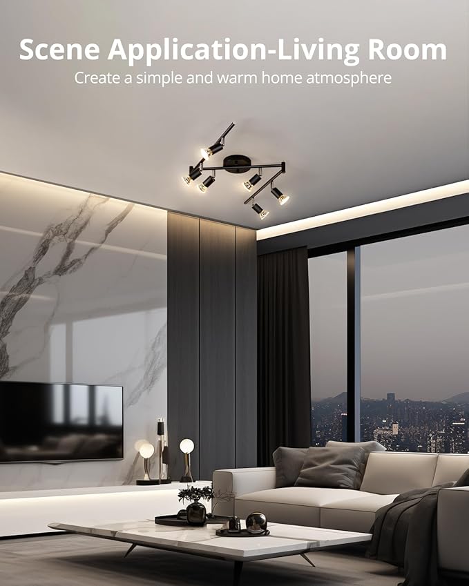 Bojim 6 Light LED Track Lighting Kit, Ceiling Spot Lighting with Adjustable Light Heads & Foldable Light Arms, Matte Black Kitchen Track Lighting (GU10 Socket, Bulbs Not Included)