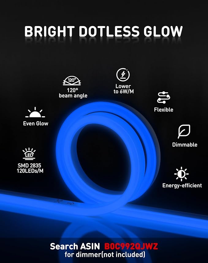 Shine Decor LED Rope Lights AC 120V, Connectable & Cuttable Dotless 120LEDs/M Eco Neon Strip Lighting, ETL IP65 Waterproof & Weather-Resistant for Home Commercial, 8x16mm, Blue, 131.2FT