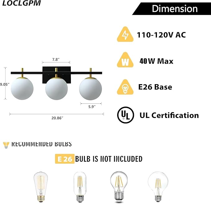 Mid Century 3-Light Bathroom Vanity Light Over Mirror, Black and Gold Modern Bathroom Light Fixtures with Milky White Frosted Glass Globe Shade, Wall Sconces for Bathroom, Stairs, Kitchen