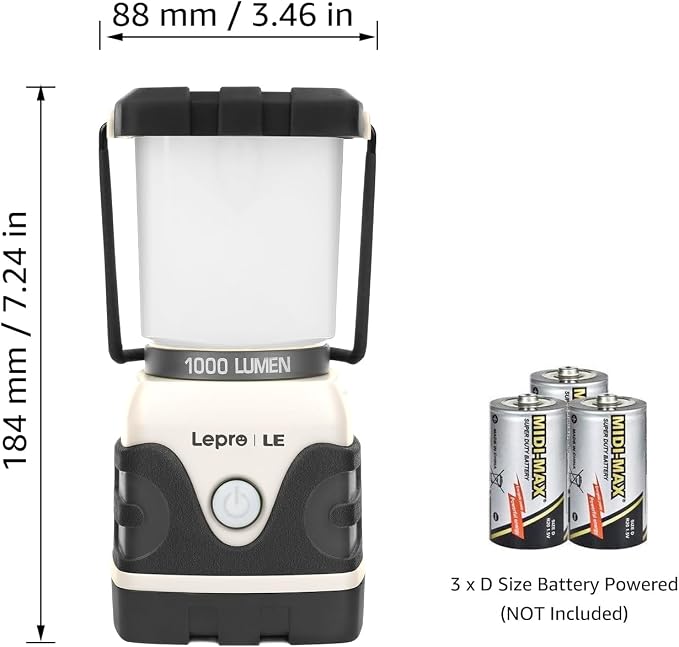 Lepro 1000LM Battery Powered LED Camping Lantern with 4 Light Modes, White | Waterproof Tent Light, Camping Essentials, Lantern Flashlight for Camping, Emergency Light, Power Outages, Not Rechargeable