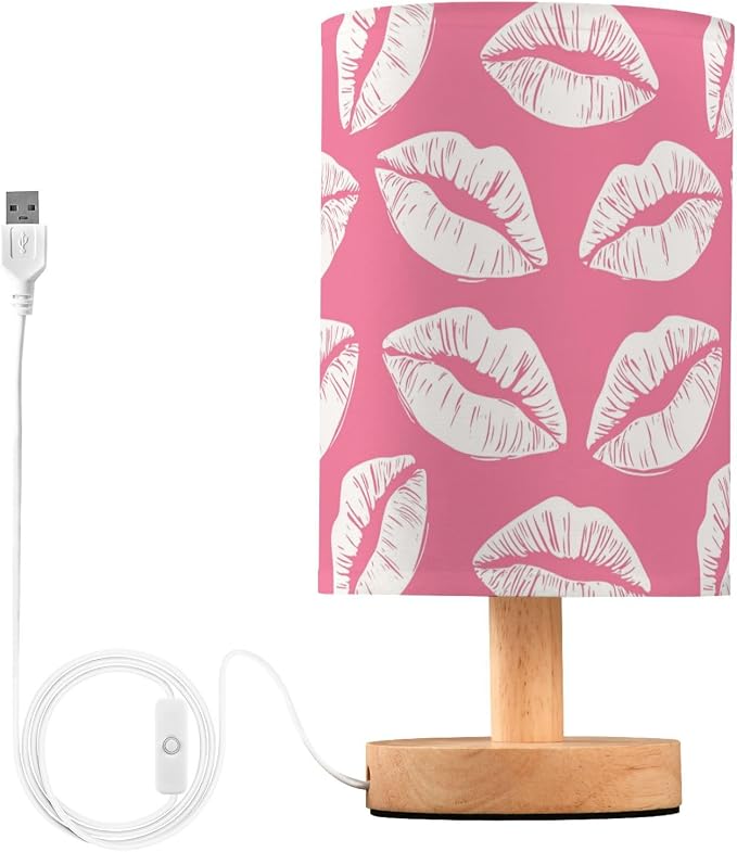 Sexy Lip Preppy Pink Colored Love Kisses Bedside Table Lamps with USB Port for Bedroom Lamp Table Lamp Small Nightstand Lamp Sturdy Linen Shade Wooden Decorative Lamps for Home Dorm Office Living Room