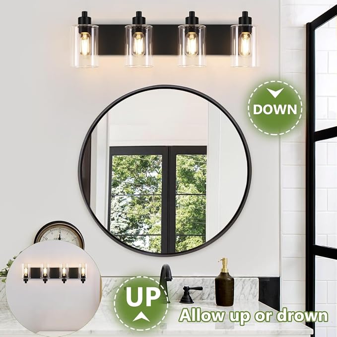 Dpyrrhic Bathroom Vanity Light, Modern Matte Black 4-Light Bathroom Lights Over Mirror with Clear Glass Shade,Wall Sconces for Bedroom,Living Room