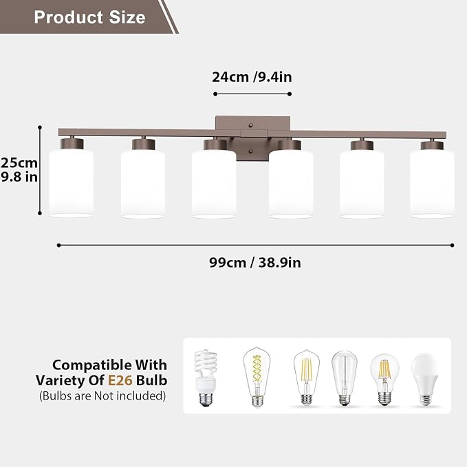 IZORRO Modern Bathroom Light Fixtures, 6 Light Oil-Rubbed Bronze Vanity Lights, Bathroom Lighting Fixtures Over Mirror with White Glass for Living Room Cabinet Bedroom