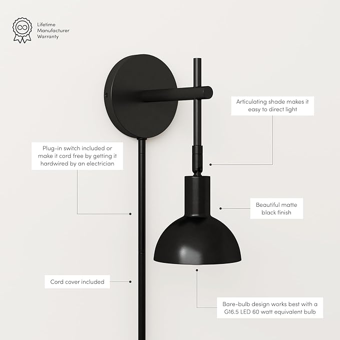 Nathan James Tamlin Wall Light Fixture, Wall Mounted 1-Light Lamp, Plugin Sconce with On/Off Switch for Living Room, Reading Nook or Bedroom, Matte Black, Set of 2