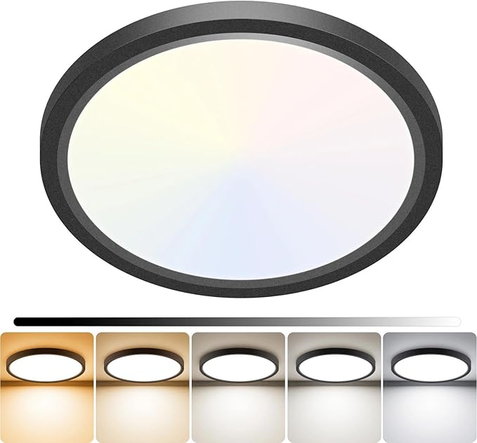 libtit 7inch LED Flush Mount Ceiling Light, Dimmable & 5Color Temperatures (3000K-6500K), 15W Round Slim Black Light Fixture for Closet Hallway Kitchen Bathroom Laundry