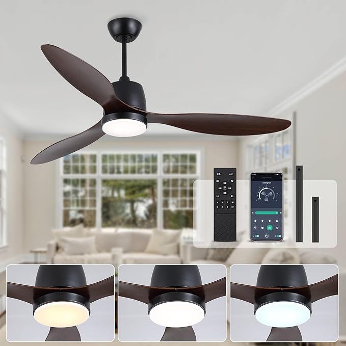 52-Inch Ceiling Fan with Light: Modern Indoor Black Ceiling Fans, App/Remote Control, 6-Speed Reversible Quiet DC Motor, for Bedroom Kitchen Living Room