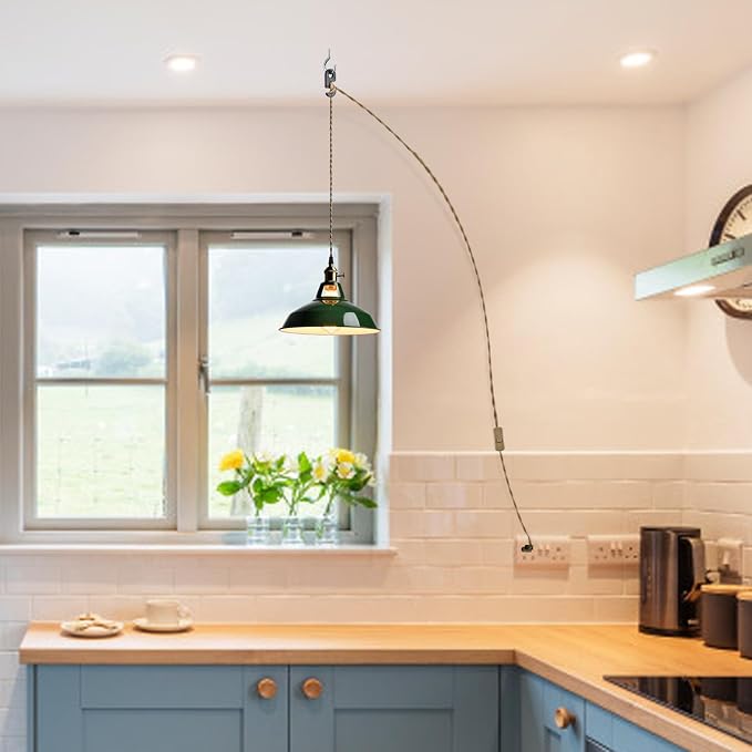 YUBOLE Modern Green Plug-in Pendant Light Macaron Kitchen Hanging Swag Lamp | 10.06"W Metal Barn Shade with On-Off Switch Plug Cord Light for Bedroom Foyer Dining Bar Loft Restaurants