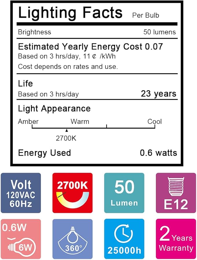 Emotionlite Night Light Bulbs, Amber LED C7 Bulb, 4W 5W 6W 7W Equivalent, E12 Candelabra Base, Salt Lamp and Nightlight Replacement Bulb, 0.6W, Amber Yellowish 2200K, 50LM, 4 Pack