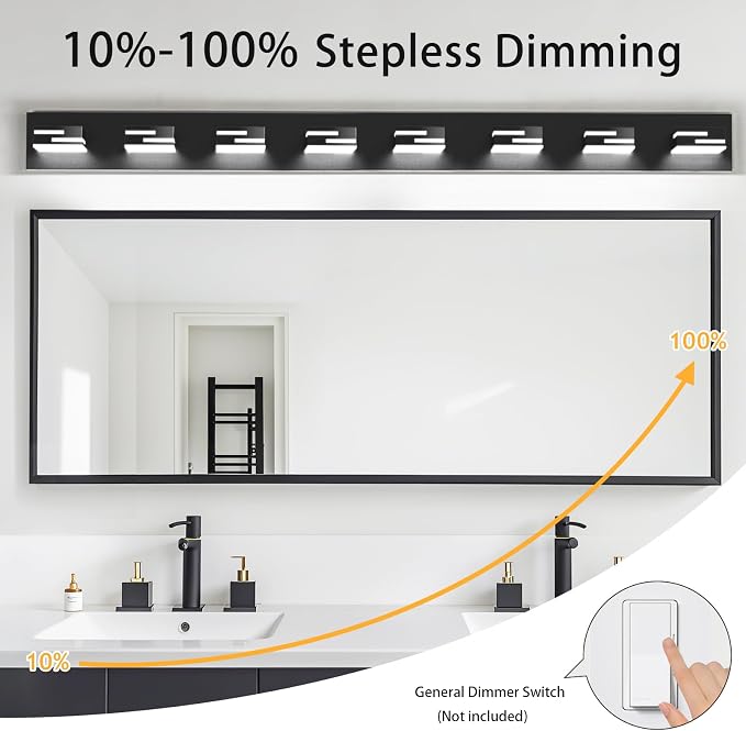 LED Modern Bathroom Vanity Light Fixtures, Dimmable Matte Black Vanity Lights for Bathroom Lighting Fixtures Over Mirror, with 360° Rotatable Acrylic Heads 8-Light 54-inch 5CCT
