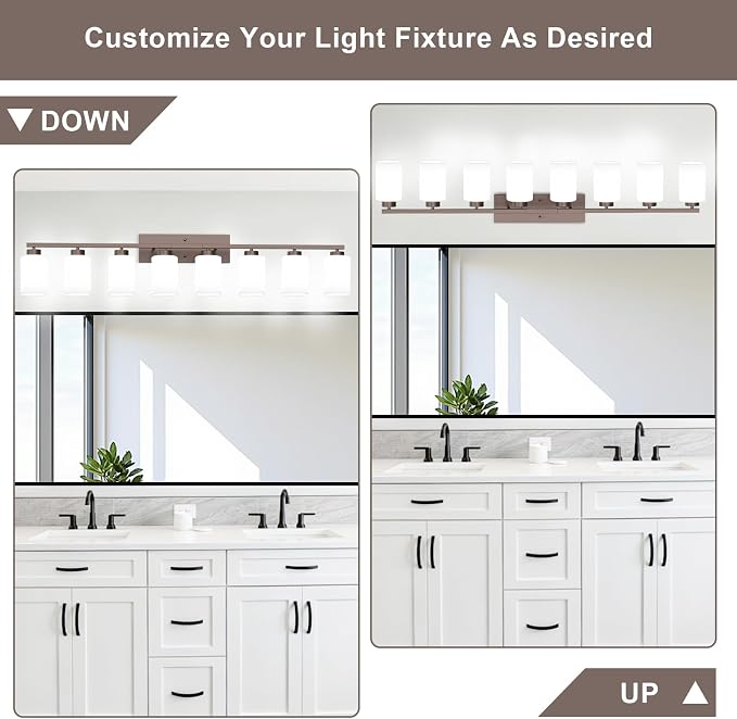 IZORRO Modern Bathroom Light Fixtures, 8 Light Oil-Rubbed Bronze Vanity Lights, Bathroom Lighting Fixtures Over Mirror with White Glass for Living Room Cabinet Bedroom
