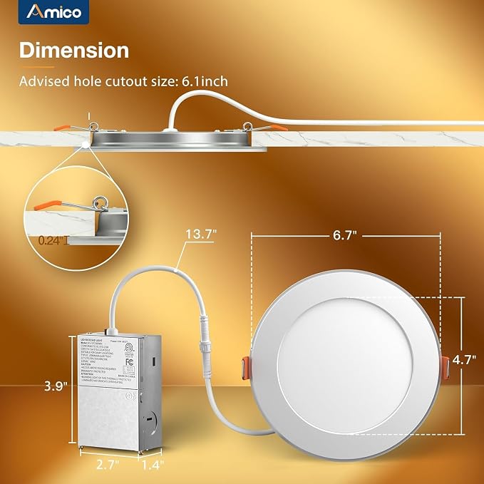 Amico 2 Pack 6 Inch LED Recessed Light with Night Light, 5CCT, 1100LM | Ultra-Thin Ceiling Light, 5%-100% Dimmable, No Flicker, 2700K-5000K, Canless Wafer Downlight with J-Box, 12W=110W, IC/ETL/FCC