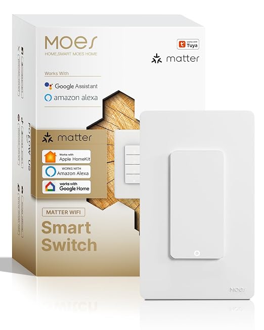MOES Matter-WiFi Smart 1 Gang Switch, Neutral Required | Single Pole Light Switch, Compatible with Alexa Google Assistant, Remote Control