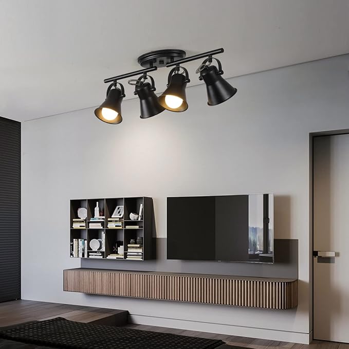 SEEBLEN 4-Light Track Lighting Kit, Directional Ceiling Light, Industrial Black Kitchen Track Lighting Fixtures Ceiling for Kitchen, Living Room, Dining Room, Hallway.