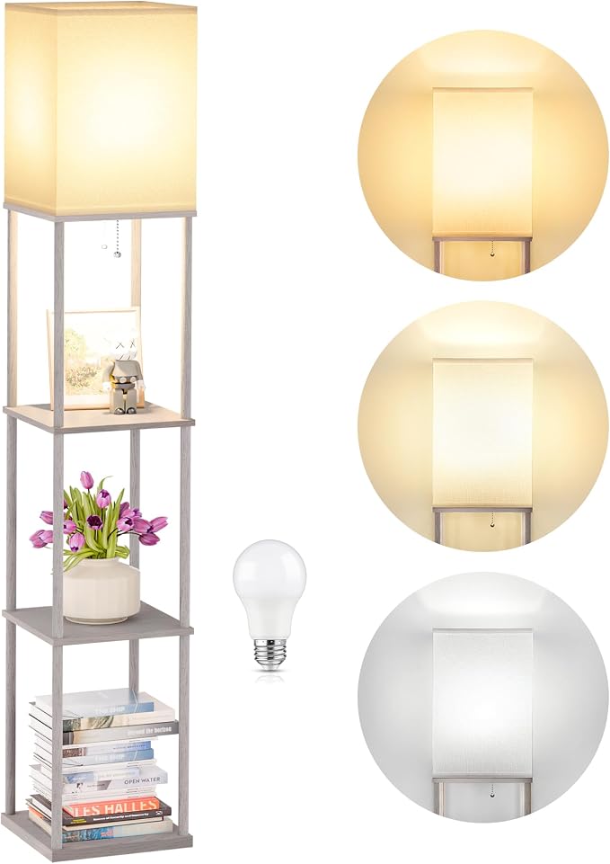 SHINE HAI Floor Lamp with Shelves, 3-Tier Square Modern Shelf Lamp | 3CCT Bright Bulb Included, Tall Standing Lamps for Living Room Bedroom Office