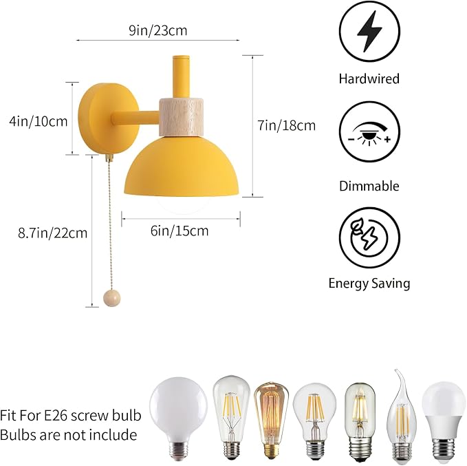1-Light Nordic Bathroom Wall Sconce with Pull Chain Switch, Modern Vanity Wall Lamp, Bedside Wall Lights for Mirror Kitchen Living Room Hallway Cabinet Porch(Yellow)