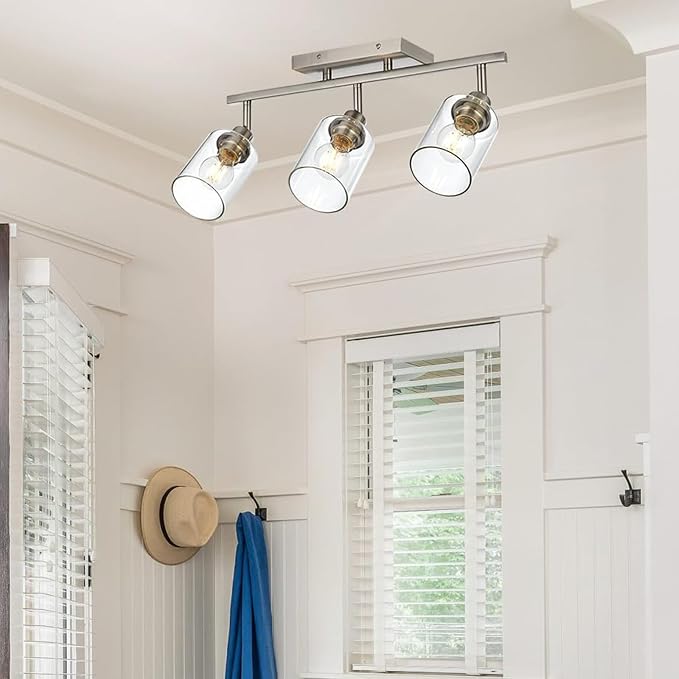 3 Light Track Lighting Fixtures Ceiling, Brushed Nickel Wall Scones | Modern Track Lighting Kit with Clear Glass, Rotatable Spotlight Ceiling Mount for Kitchen Shop Hallway Restaurants