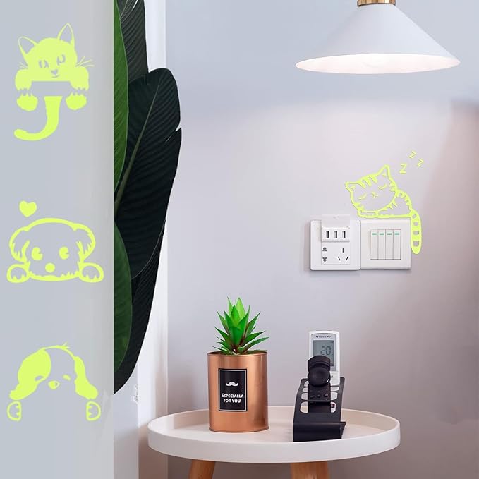 4 Pcs Cute Cartoon Switch Labels cat & Dog Puppy,Glow in The Dark Light Switch Cover Set,Light Switch Labels Stickers for House, Luminous pet Wall Decals for Bedroom,Art Mural Paste