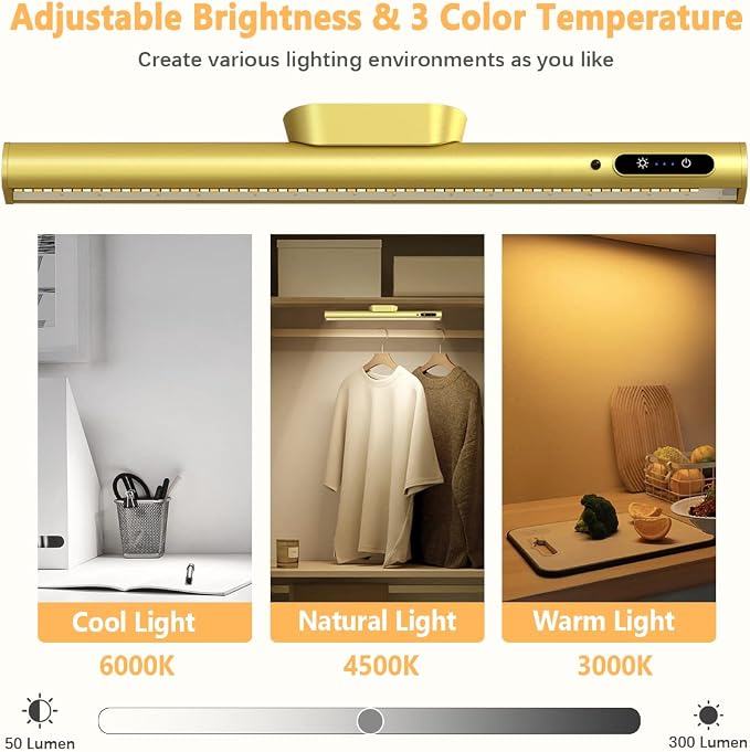 Rechargeable Magnetic LED Light Bar, 4000mAh Wireless Closet Light | Under Cabinet Lighting, Battery Powered Operated Wall Strip Light, Dimmable Lamp for Mirror Closet Picture Kitchen Gold