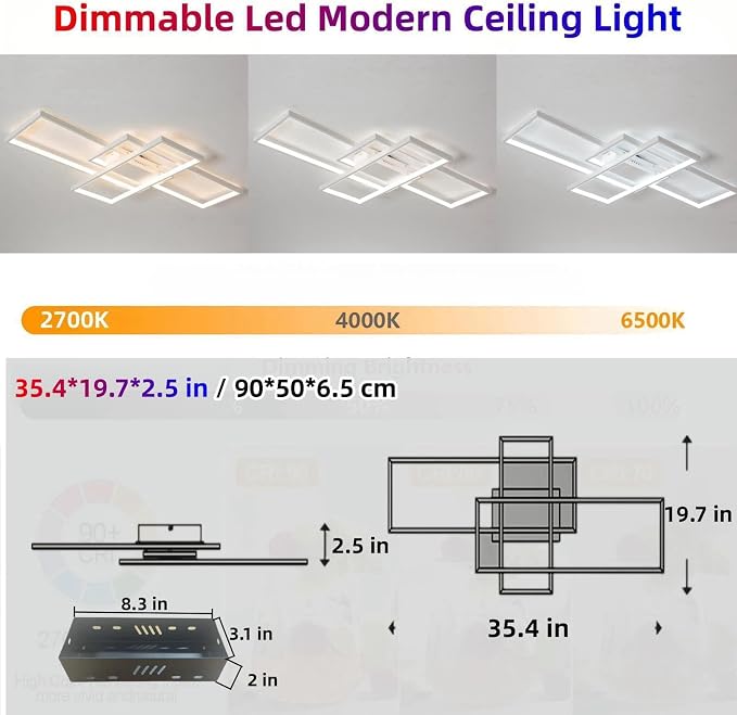 35″ 50W Modern Ceiling Light 3000-6500K Dimmable Kitchen Light Fixtures | Timer Night light Memory function Adjustable brightness color temperature Flush Mount Light Fixture remote control Bedroom