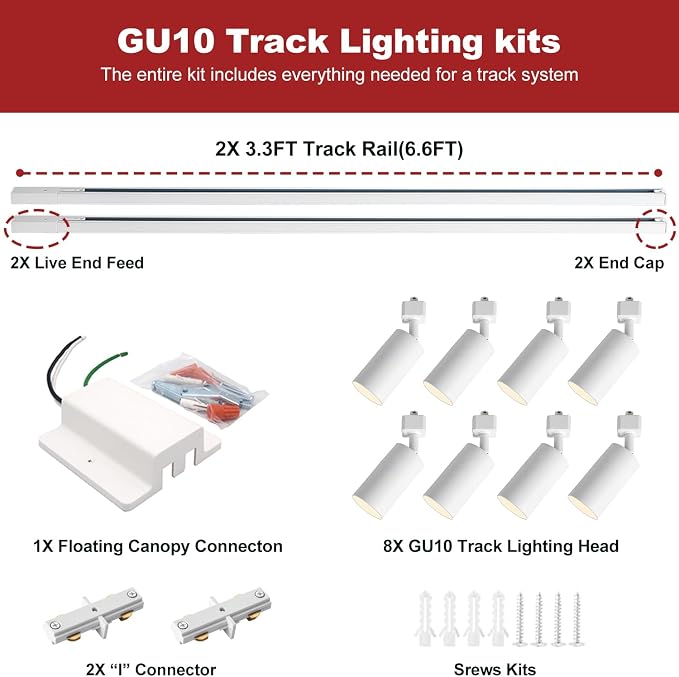 8-Light LED Track Lighting Kit with 6.6FT H Type Track Lighting Rails and Floating Canopy Connector, Modern Kitchen GU10 Track Lighting Fixtures Ceiling Spot Light, White (No Bulbs)