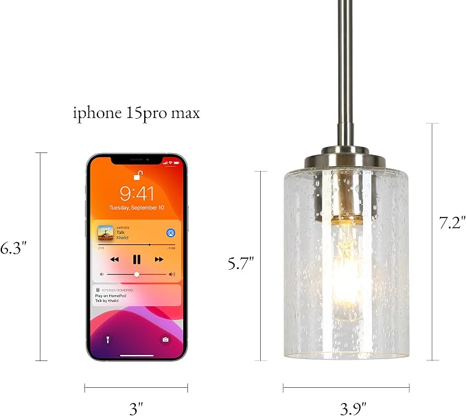 KSANA Pendant Lights Kitchen Island, 3.9'' Mini Modern Satin Nickel 1-Pack Pendant Hanging Lights Fixture with Seeded Glass Shade for Kitchen Sink, Foyer, Hallway, Bedroom Nooks and Powder Rooms