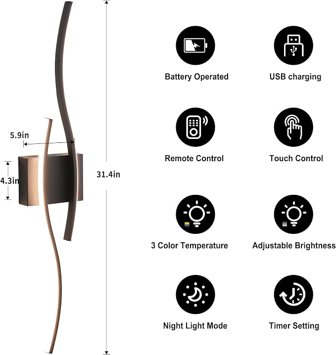 KARTOOSH Wireless Wall Sconces Set of 2, Dimmable LED Sconce with Remote | Battery Operated Wall Sconce with 3 CCT Night-Light Timer Memory Modern Wall Sconces for Living Room, Hallway, Bedroom