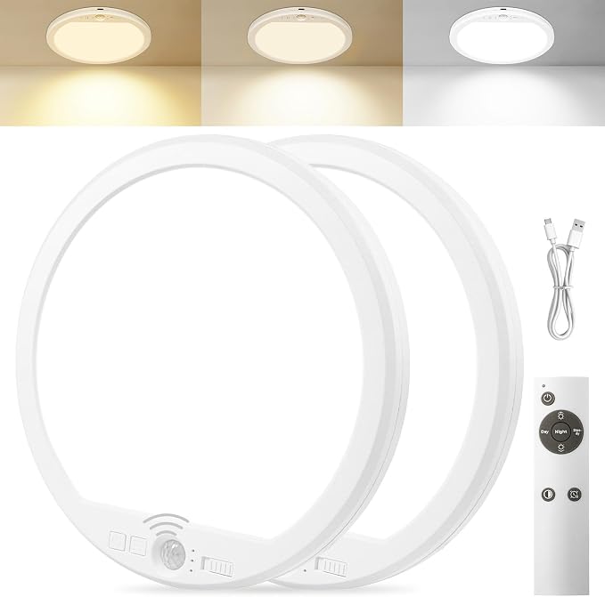 Rechargeable Motion Sensor Ceiling Light with Remote,Round,2 Pack