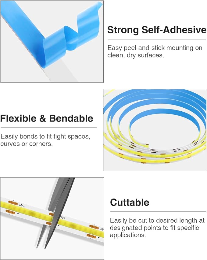 Aclorol 6FT USB LED Strip Lights for Bedroom 2 Pack Cold White 6000K | Dimmable Brightness, 5V COB LED Strip with Self-Adhesive, Flexible for Bedroom Kitchen Cabinet Mirror Staircase DIY Lighting
