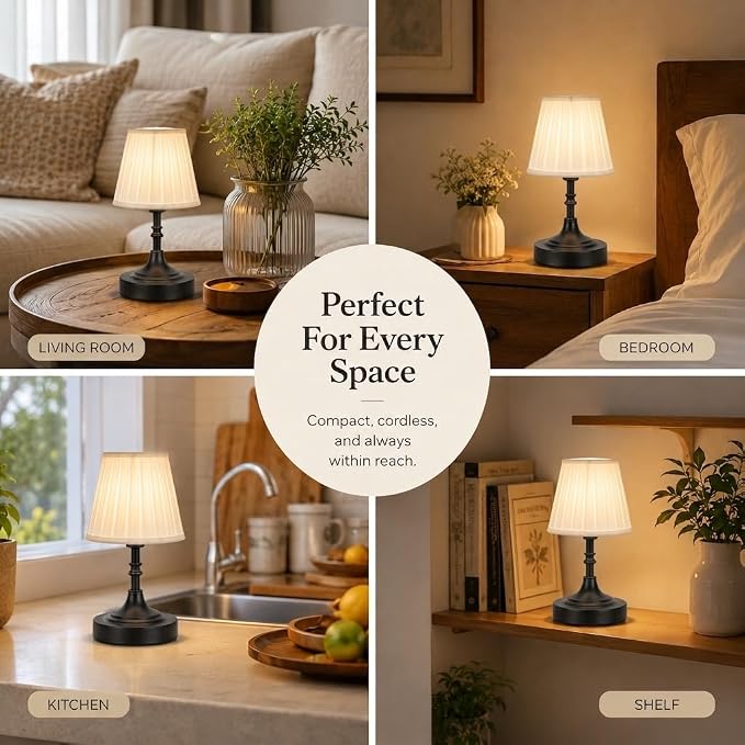 Balck Small Cordless Table Lamp Rechargeable - Kitchen Countertop Tabletop | Touch Lamp｜ Mini Lamp｜Restaurant Table｜Bookshelf | Counter Top ｜Wireless ｜Vintage｜Home Decor | Farmhouse Boho