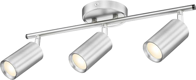 FEMILA Brushed Nickel LED Track Lighting, 3 GU10 Bulbs Included | Kitchen track lighting with rotatable light heads for offices, studios