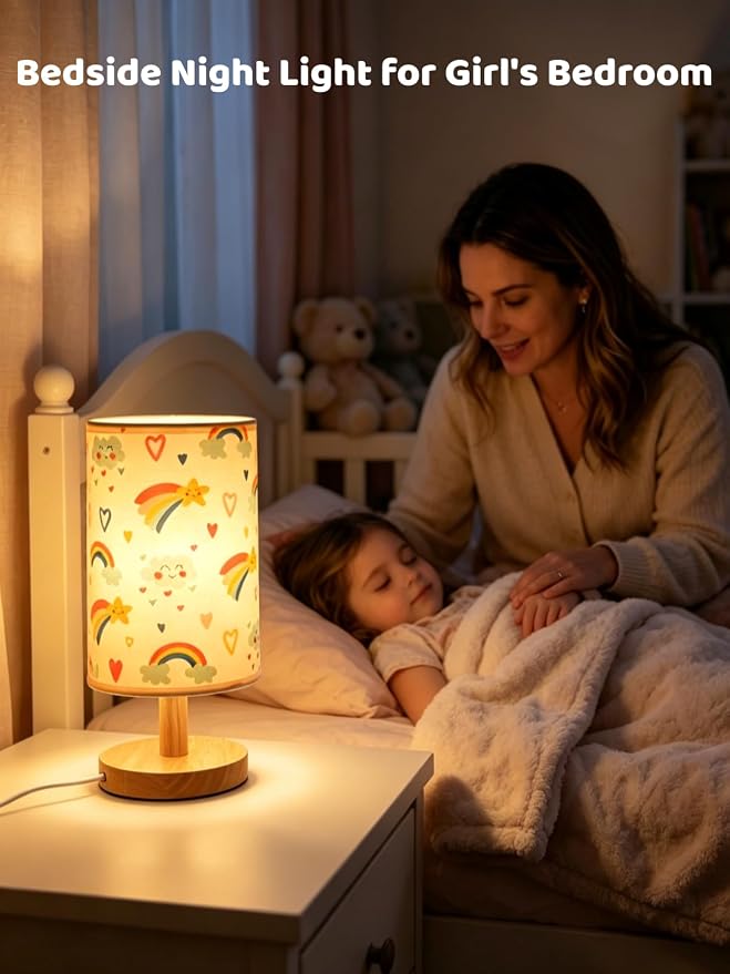 Rainbow Lamp for Girls Bedroom Bedside Table Lamps 3 Color Modes Kids Nightstand Night Light Lamp, Flaxen Fabric Shade Reading Desk Lamp for Nursery Living Room Office Rainbow Decor Gifts for Girls
