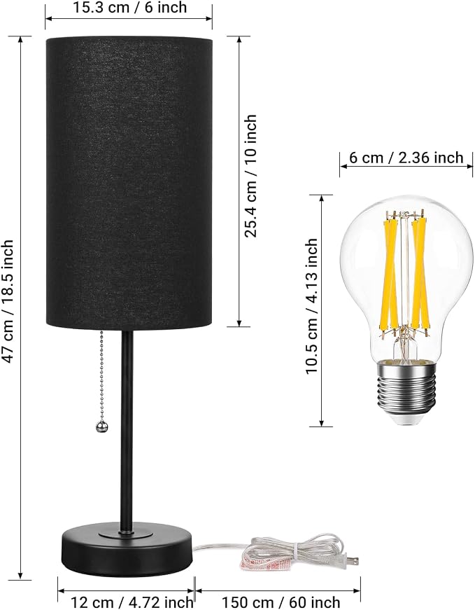 Small Table Lamps Set of 2 Desk Lamps for Living Room 3 Way Dimmable Black Nightstand Lamps with Metal Base Fabric Shade | Pull Chain Bedside Lamps for Bedrooms 18.5 Inches Lamp (Bulbs Included)