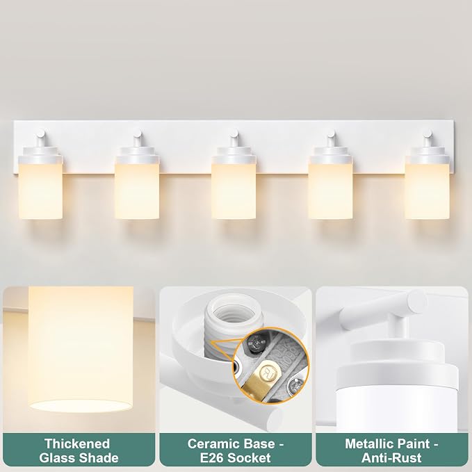IZORRO Bathroom Vanity Light Fixture, 5-Light 36 Inch White Bathroom Light Fixtures Over Mirror, with White Glass Shade, Modern Farmhouse Vanity Lights, Rustic Restroom Lighting Fixtures