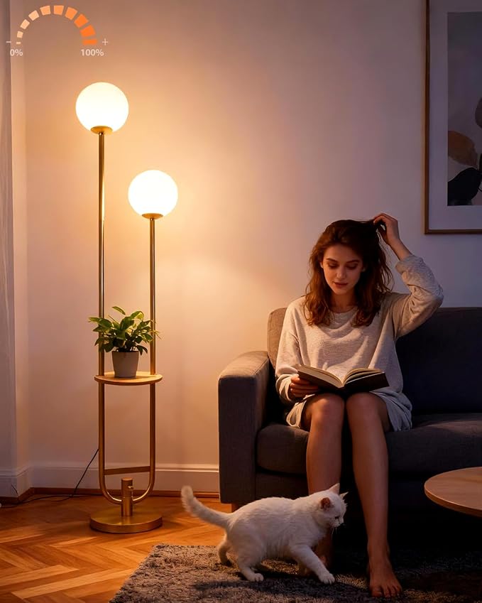 Lightdot 63IN Gold Floor Lamp with Table 2 Globe Mid Century Standing Lamps with 3000K LED Bulbs Unique U-Pole Vintage Floor Lamp with 5Lbs Heavy Base for Living Room/Party/Sofa Beside/Corner Decor